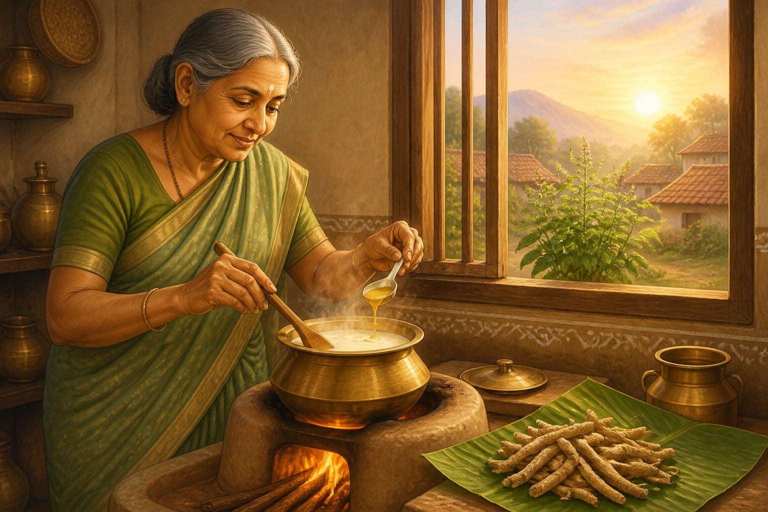 A Karnataka grandmother preparing aśvagandhā kṣīrapāka in milk with ghee