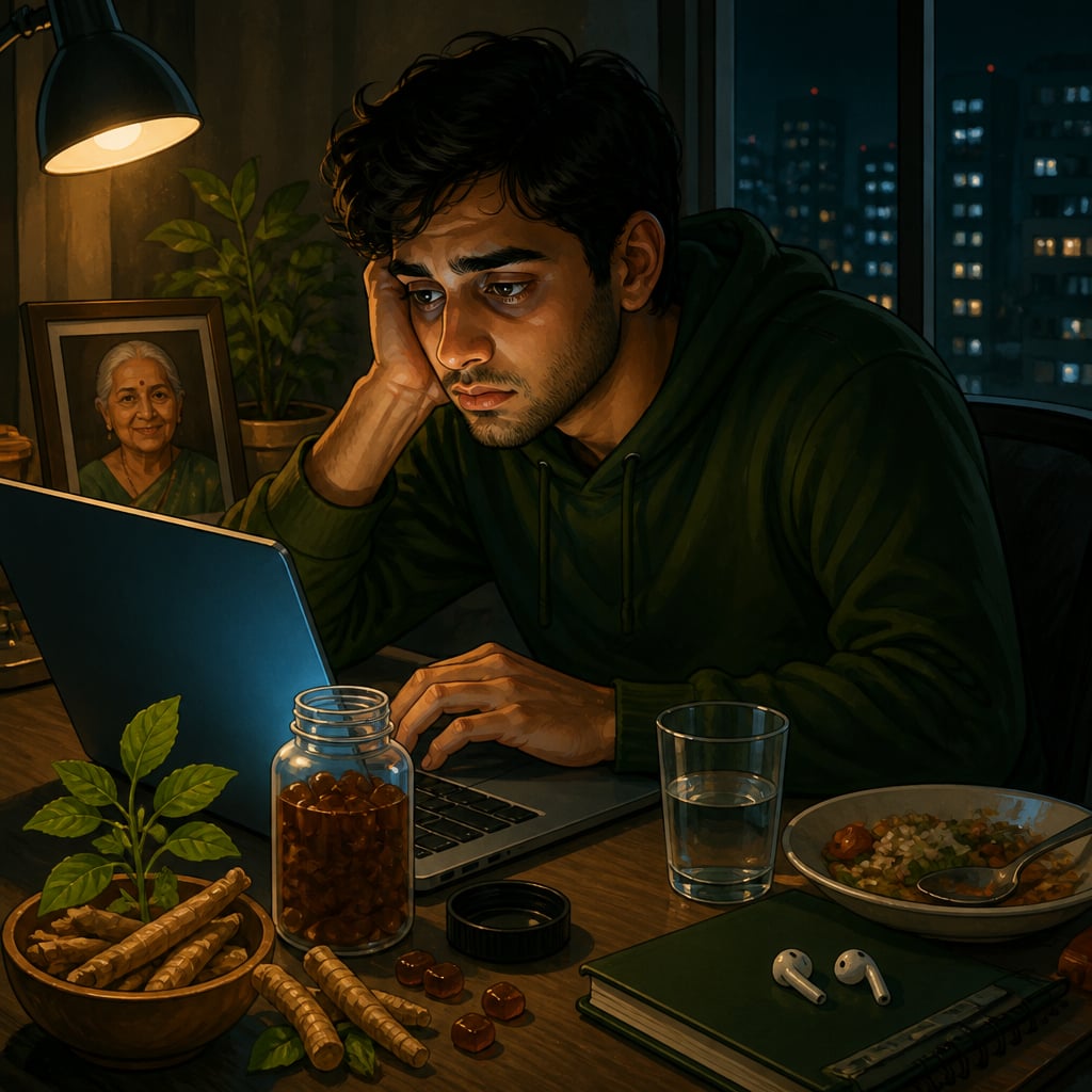 Rahul at his cluttered home desk at night with a bottle of ashwagandha gummies