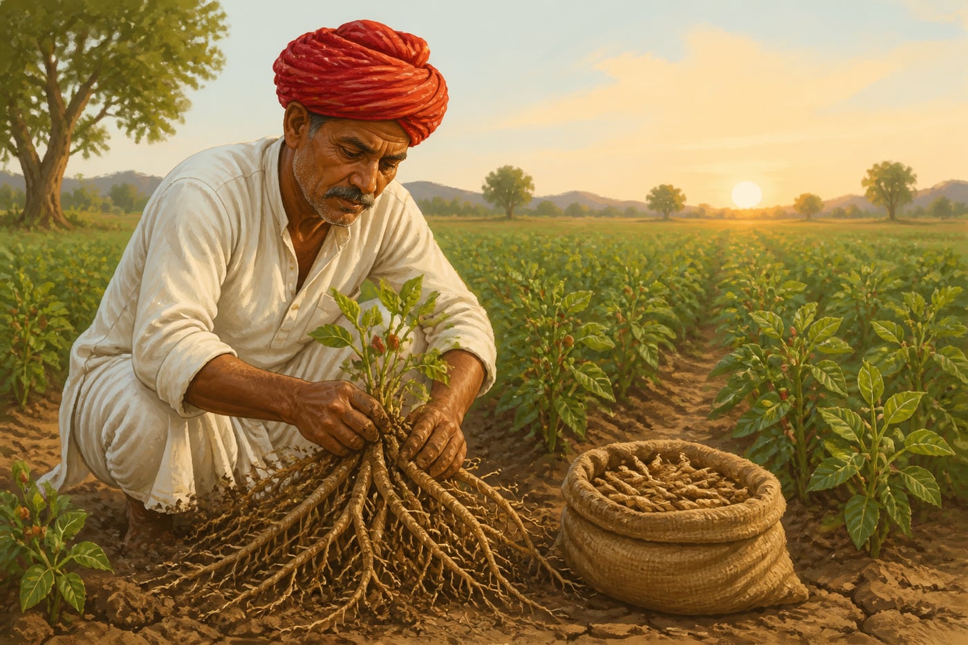 A Rajasthan farmer harvesting ashwagandha roots at dawn