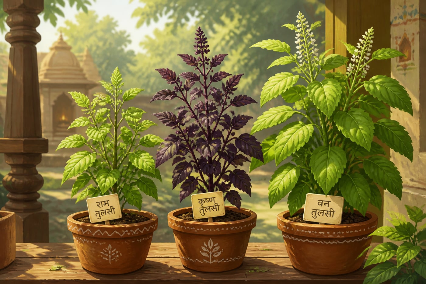 Three tulasī plants compared side by side: Kṛṣṇa, Rāma, and Vana