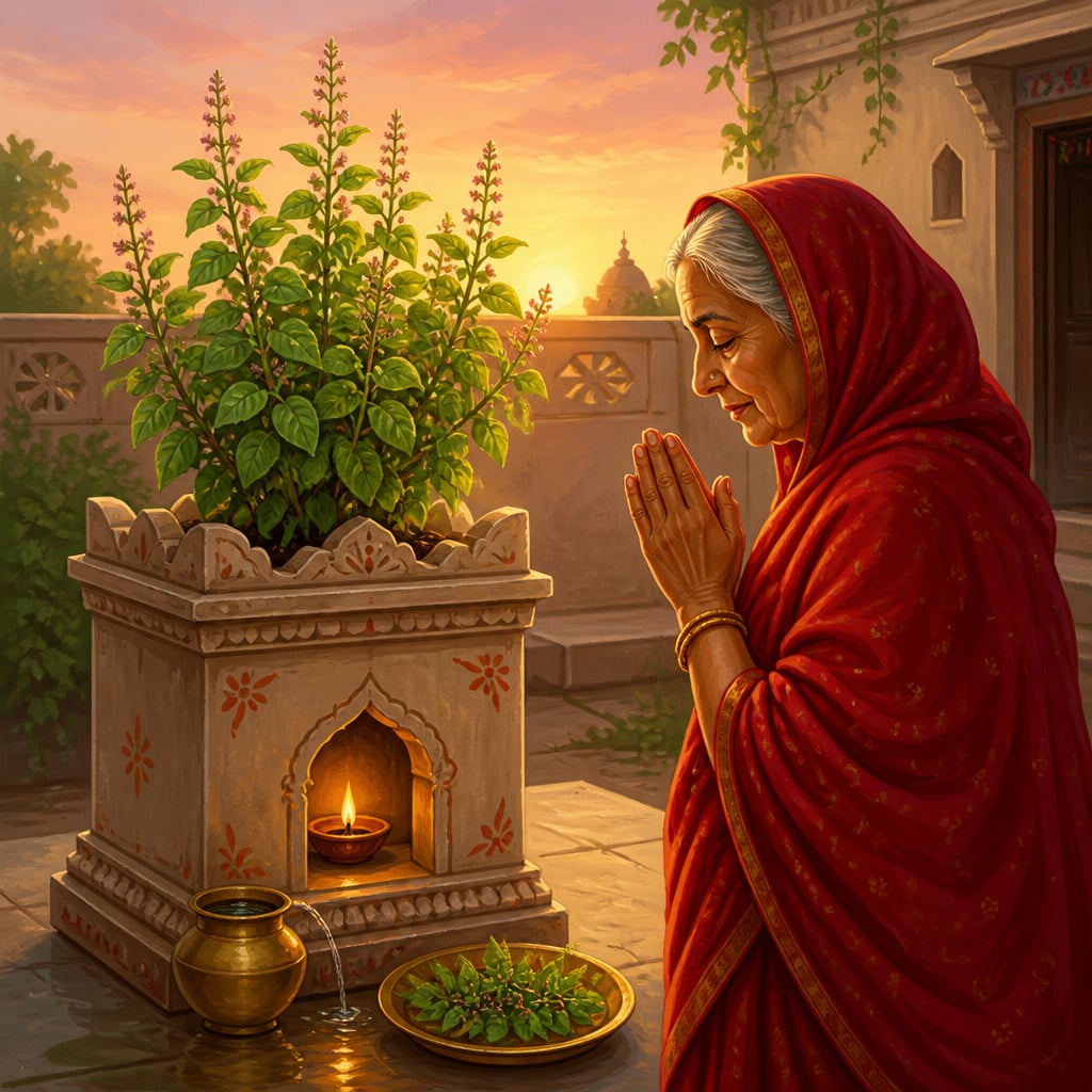 Uttar Pradesh grandmother offering morning prayer at her tulasi vrindavan