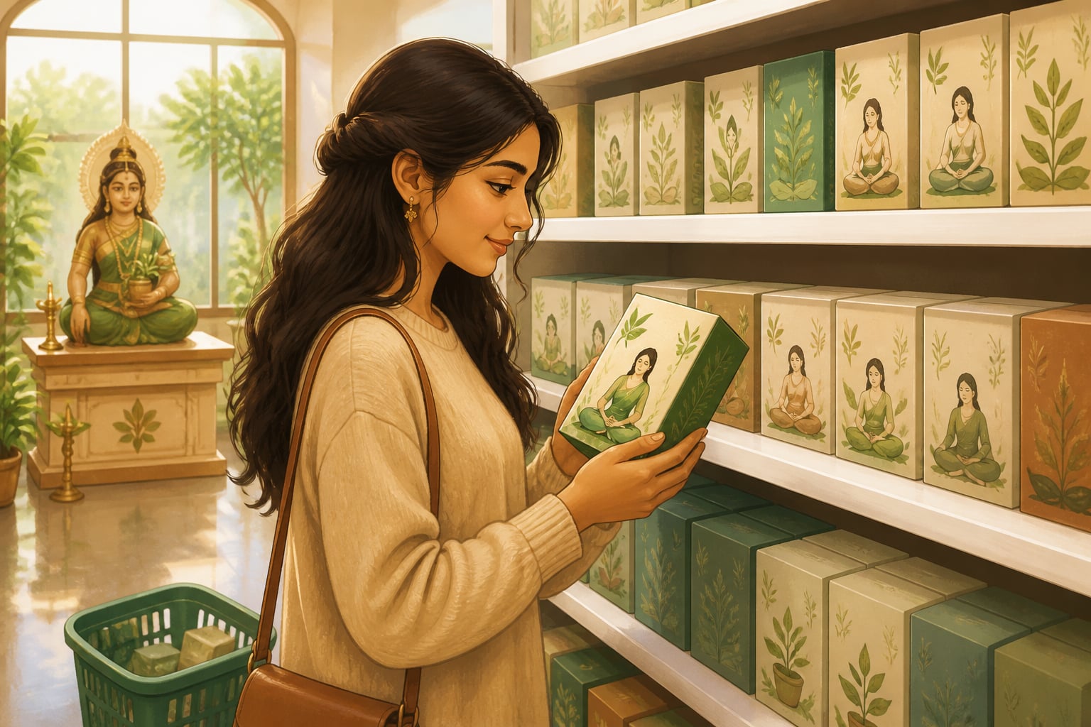 A young woman browsing holy basil tea boxes at an Austin Whole Foods