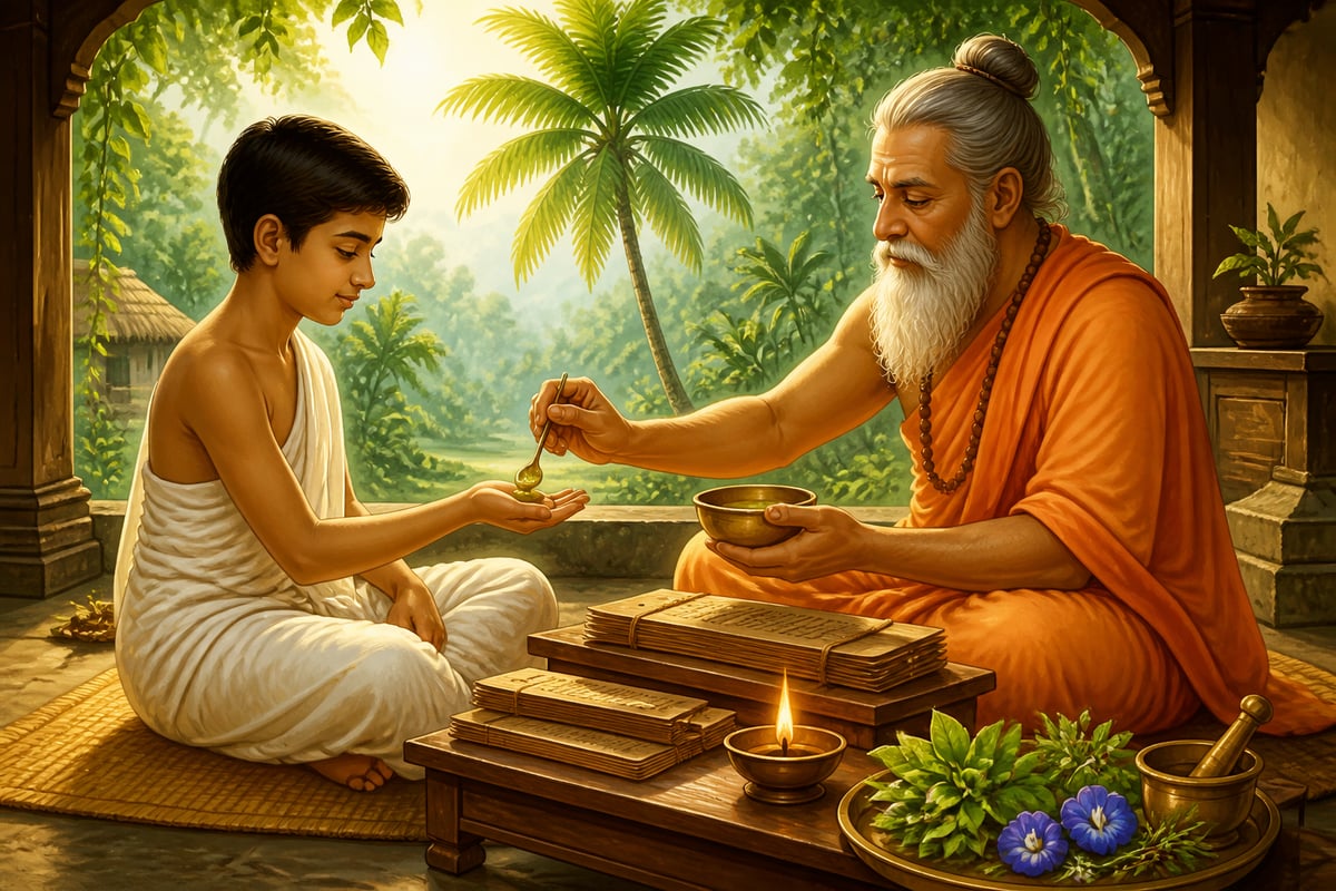 A Kerala student receiving brahmī ghṛta from his guru at the āśrama