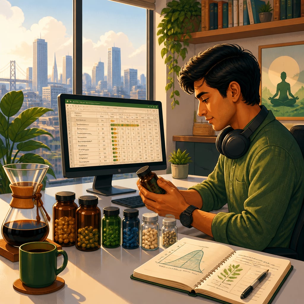 San Francisco engineer opening his daily nootropic stack at a minimalist desk