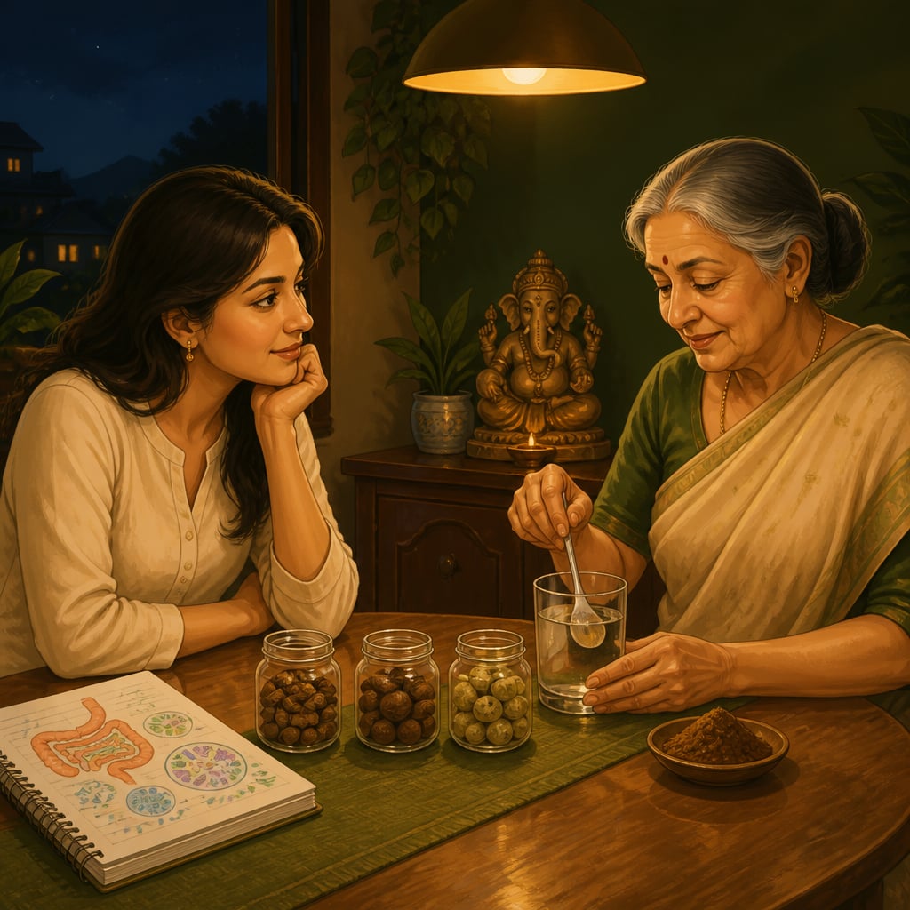 Dr Meera watching her grandmother stir triphala powder into warm water in a Fremont kitchen
