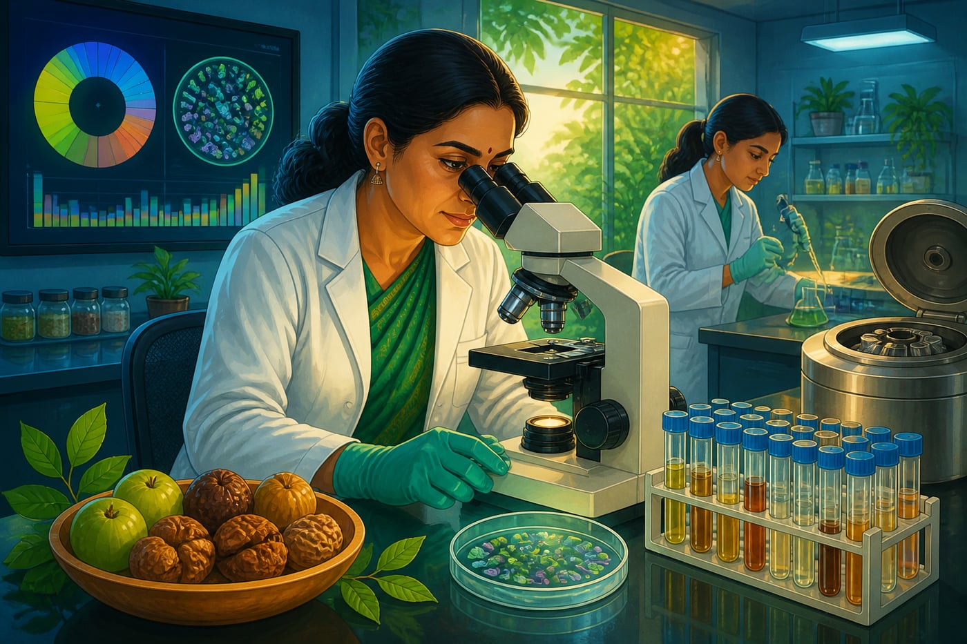 Dr. Meera at her microbiome research laboratory examining gut bacteria