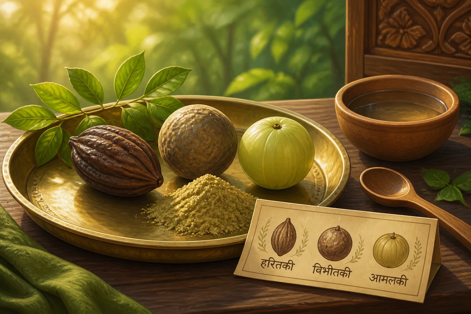 The three fruits of triphalā arranged on a brass plate: harītakī, bibhītaka, āmalakī