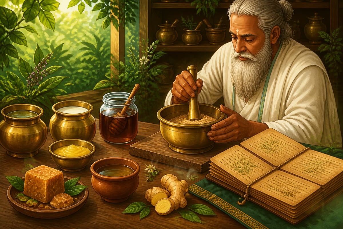 A vaidya's anupāna workbench with brass vessels of water, milk, ghee, honey, jaggery
