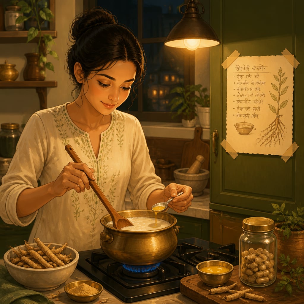 Priya stirring ashwagandha powder into warm milk on her kitchen stove