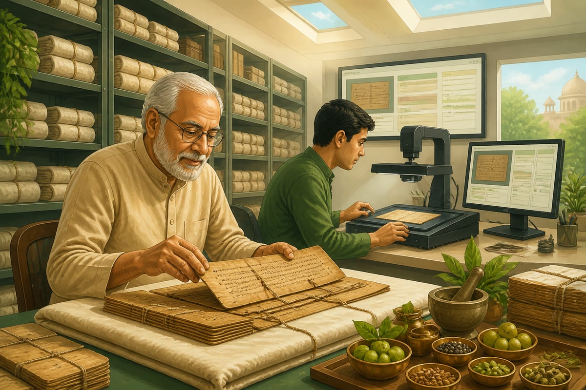 Scholars digitising palm-leaf Suśruta Saṃhitā folios at the TKDL archive in Delhi