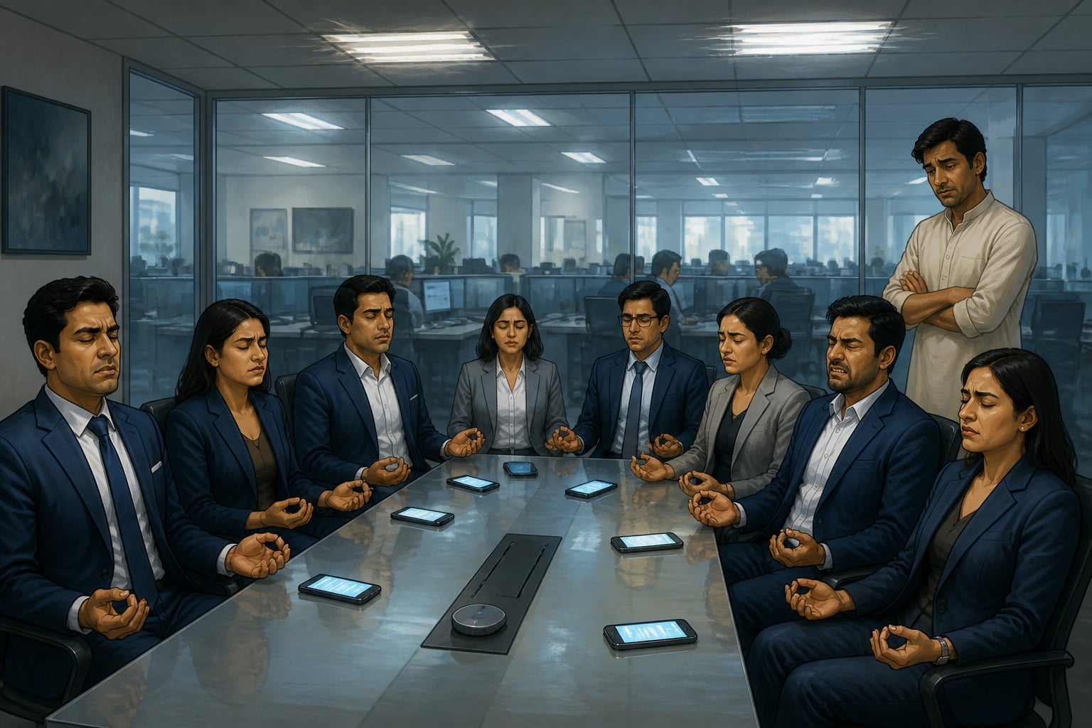 A failed corporate meditation in a fluorescent office