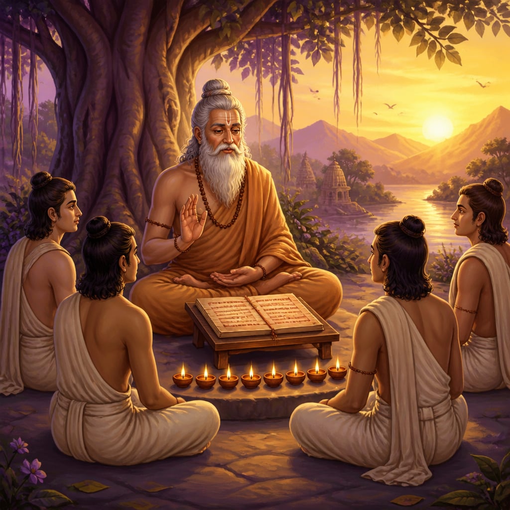 Patanjali teaches the eight limbs of yoga to seated students