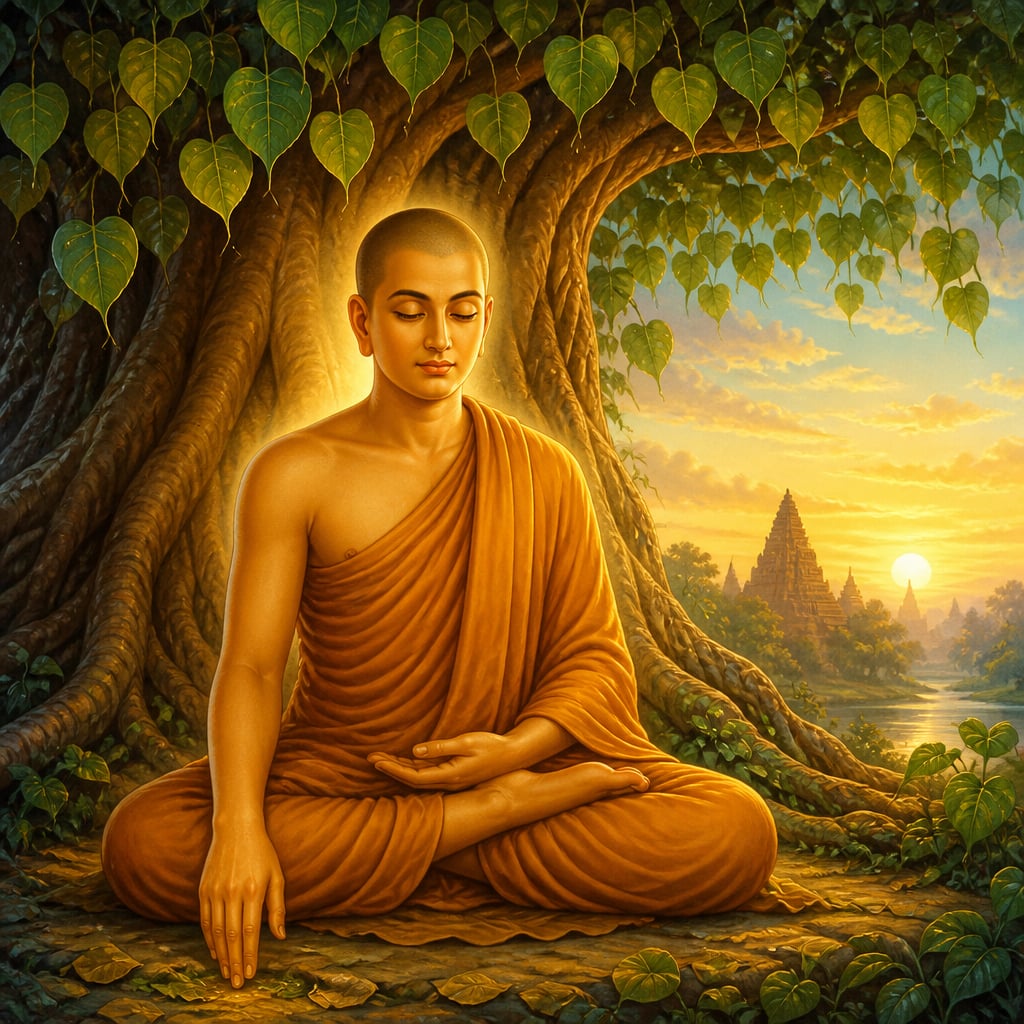 The young Buddha seated in meditation beneath the Bodhi tree at dawn