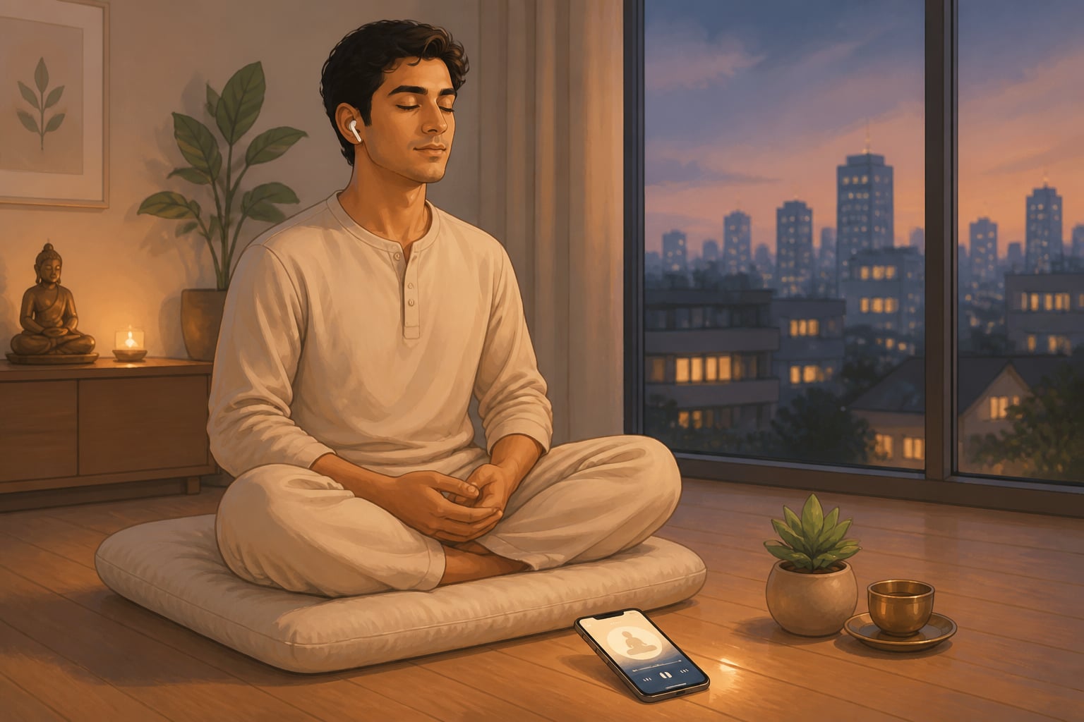 A modern professional using a meditation app at dusk