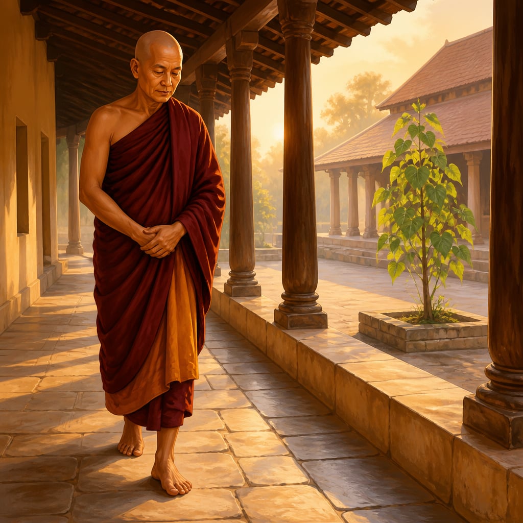 A senior Theravada monk walks slowly in mindful meditation at dawn