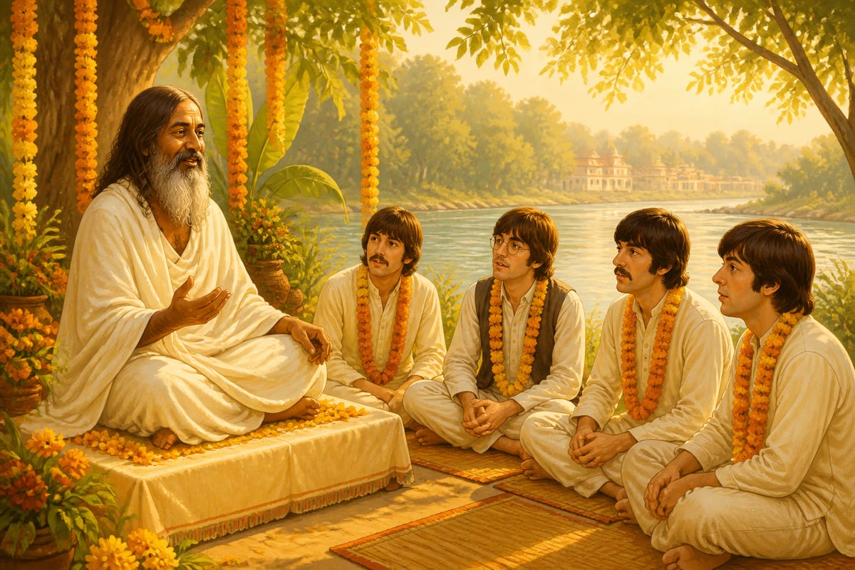 Maharishi teaching the Beatles in his Rishikesh ashram
