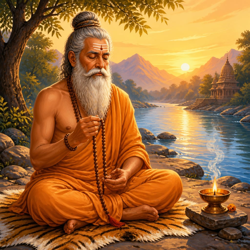 A rishi performs japa with a rudraksha mala on a riverbank at dawn