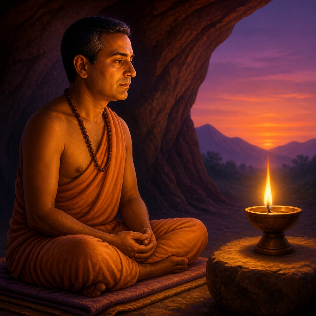 A yogi practices tratak by gazing steadily at a candle flame