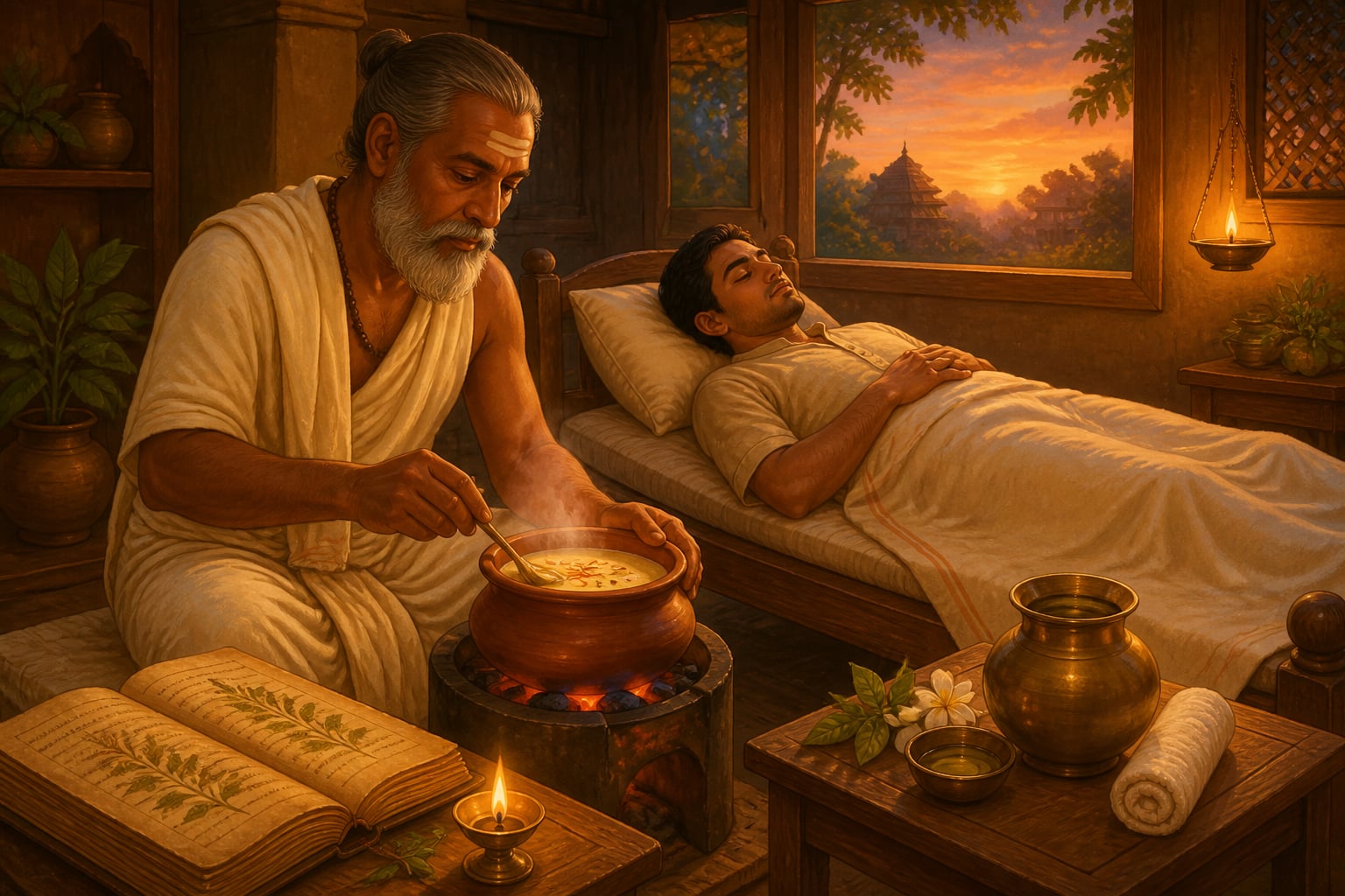 Traditional Āyurvedic sleep preparation at dusk