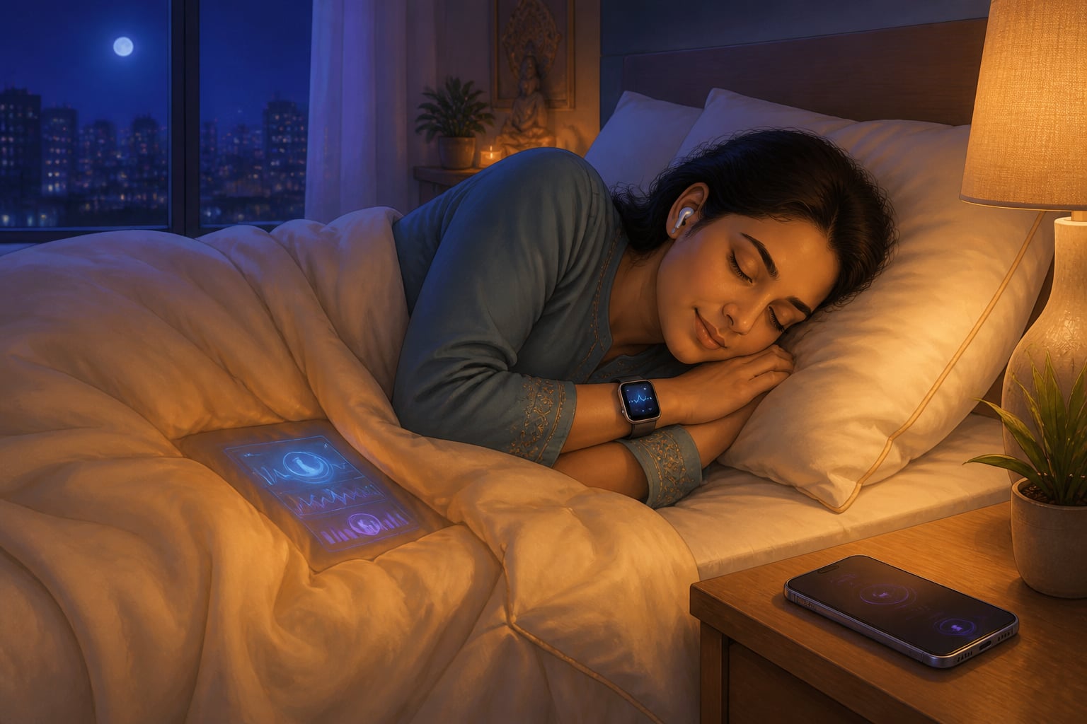 A modern person using a sleep app at bedtime