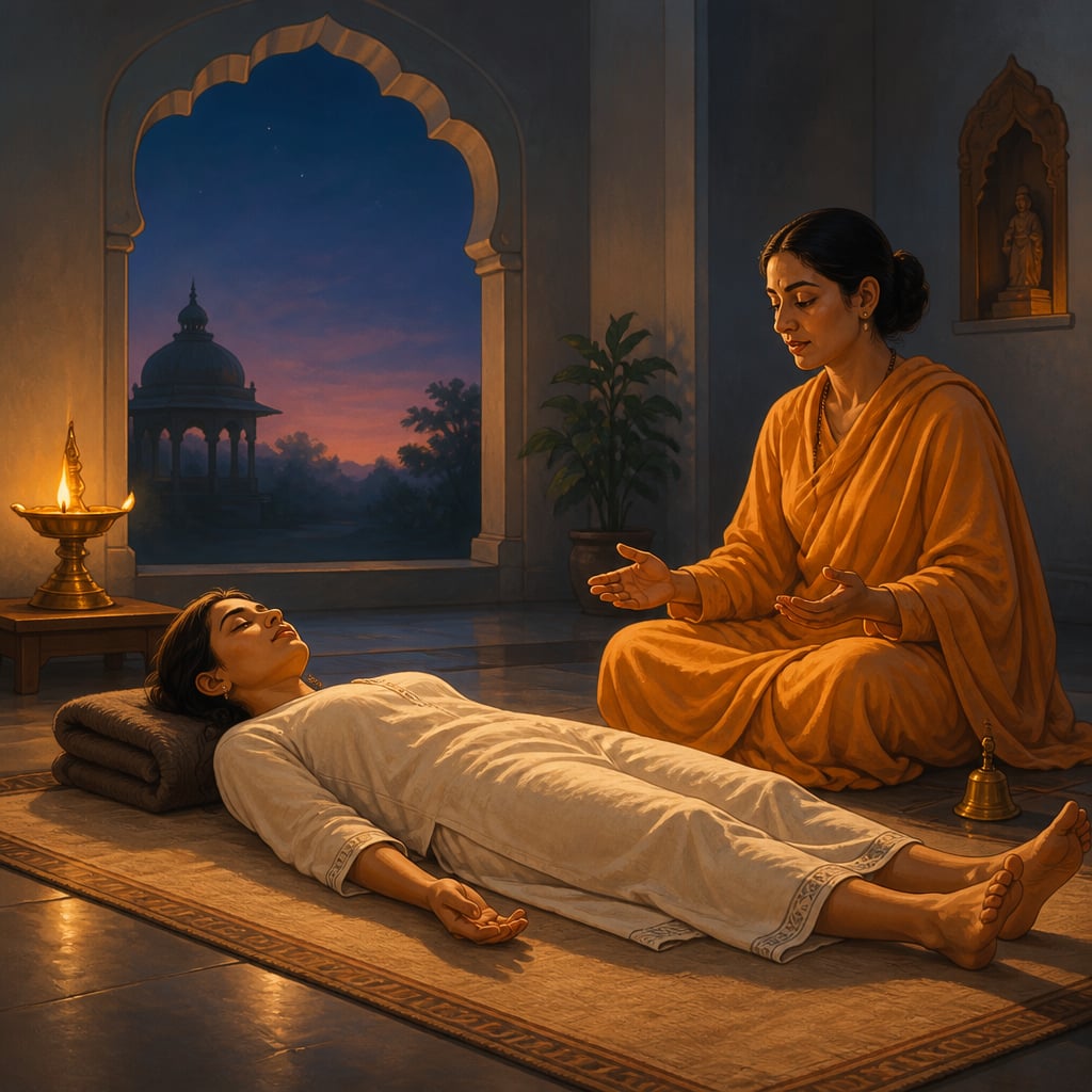 A Yoga Nidra session in a softly lit ashram hall at dusk