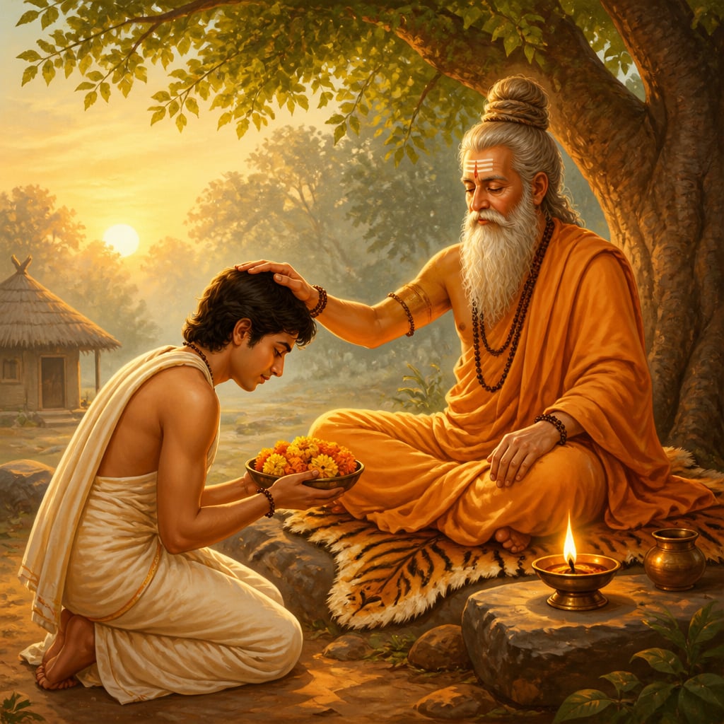 A guru and disciple in quiet transmission at dawn in a hermitage