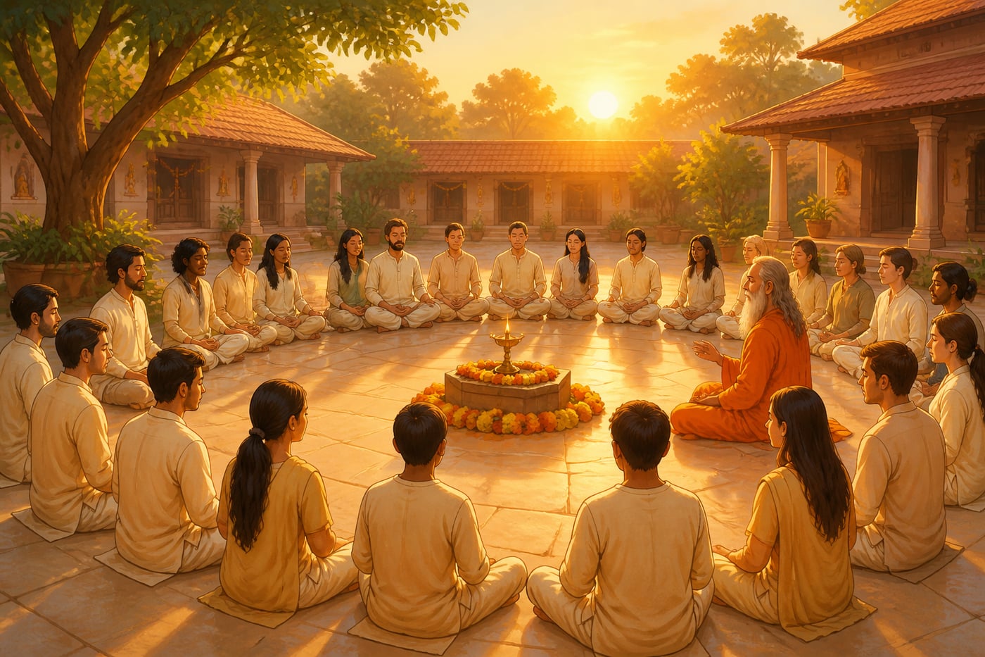 A traditional sangha practising together at dawn