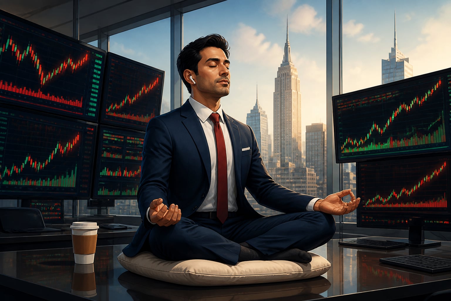 A Wall Street trader meditating amid market screens
