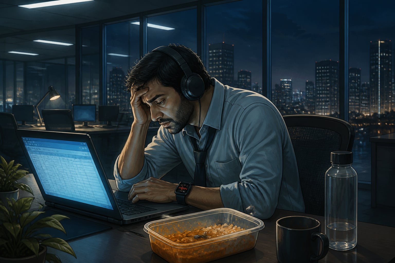 Exhausted shift worker at midnight office desk