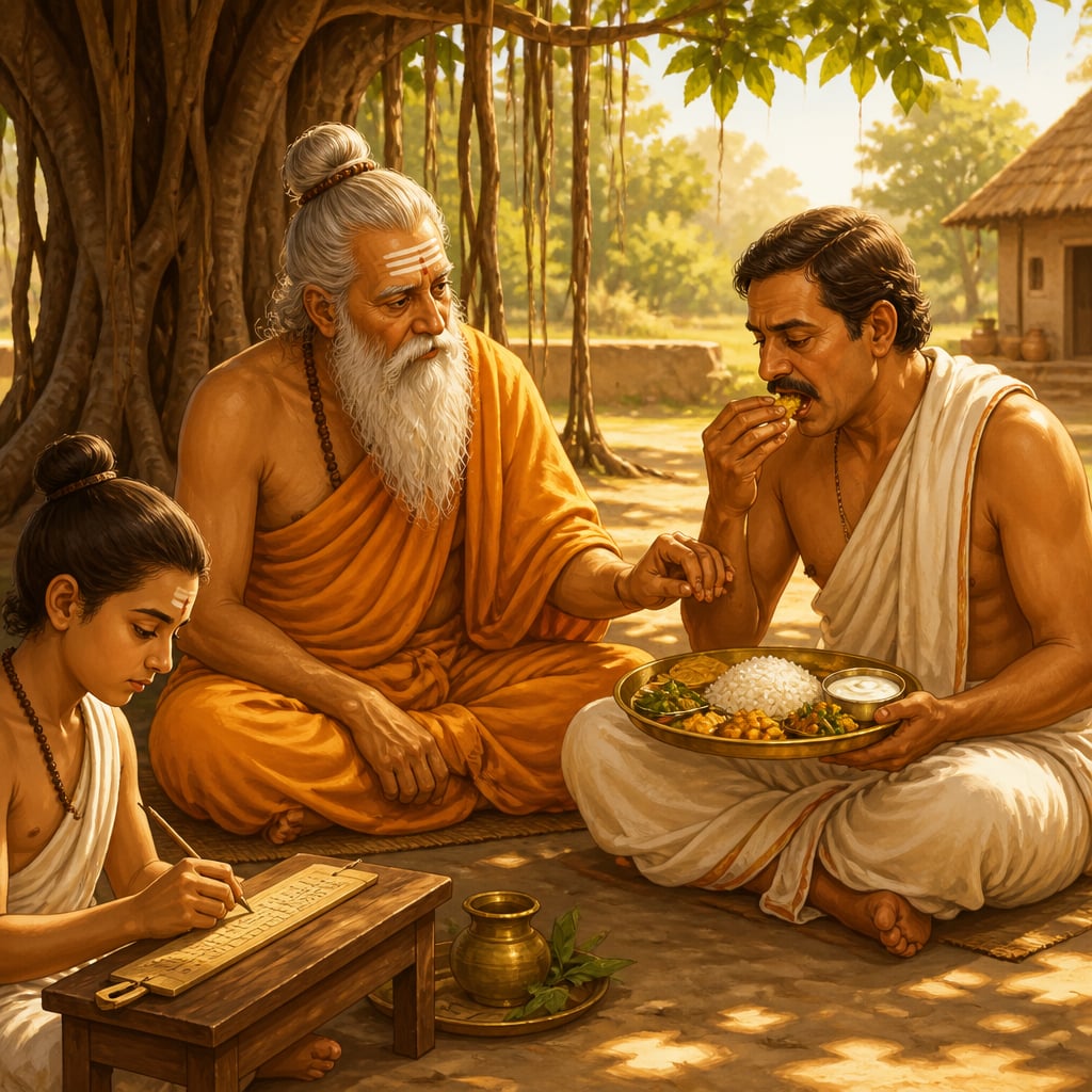 Vagbhata reading a patient's pulse at midday under a banyan tree