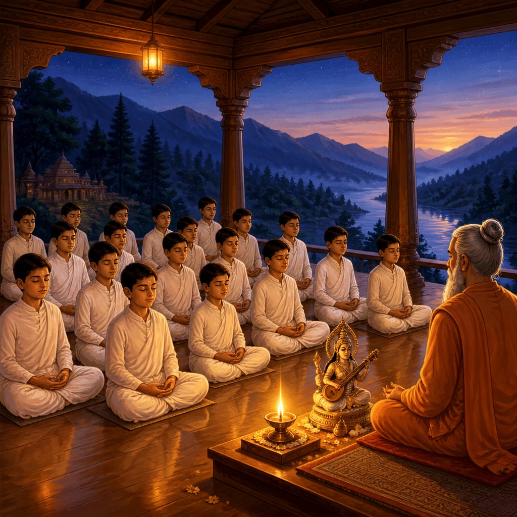 Ashram students seated in dhyana at brahma muhurta before sunrise