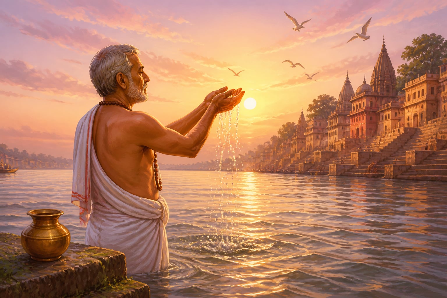 Brahmin priest performing sandhya vandana in Ganges