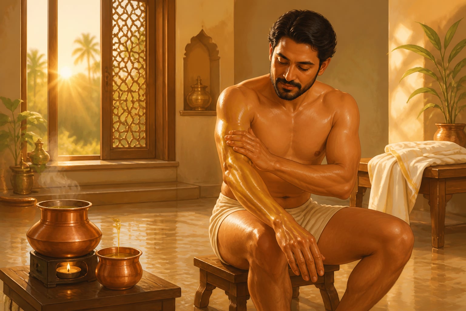 Man performing abhyanga self-massage with warm sesame oil