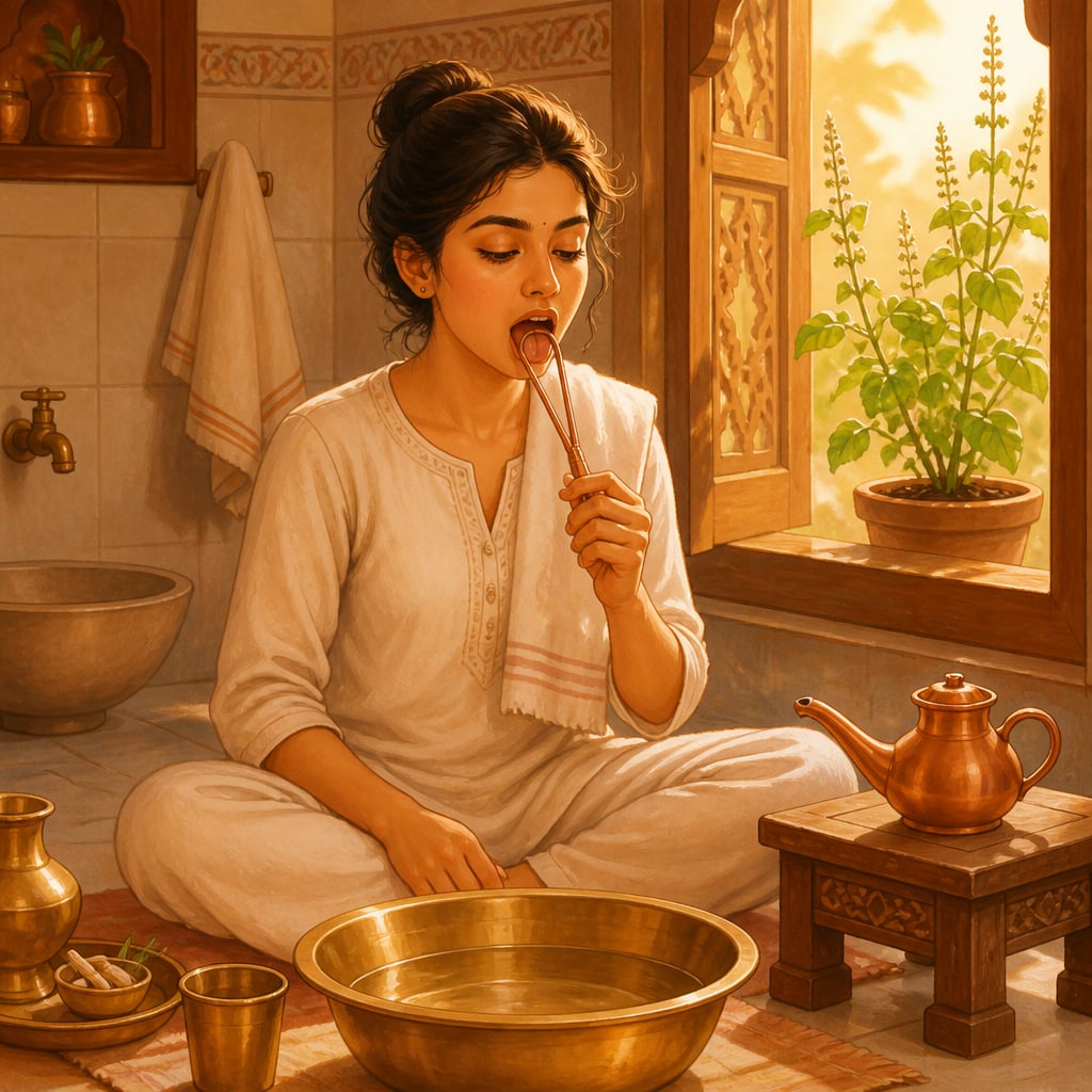 Young woman performing tongue scraping at a brass basin at dawn