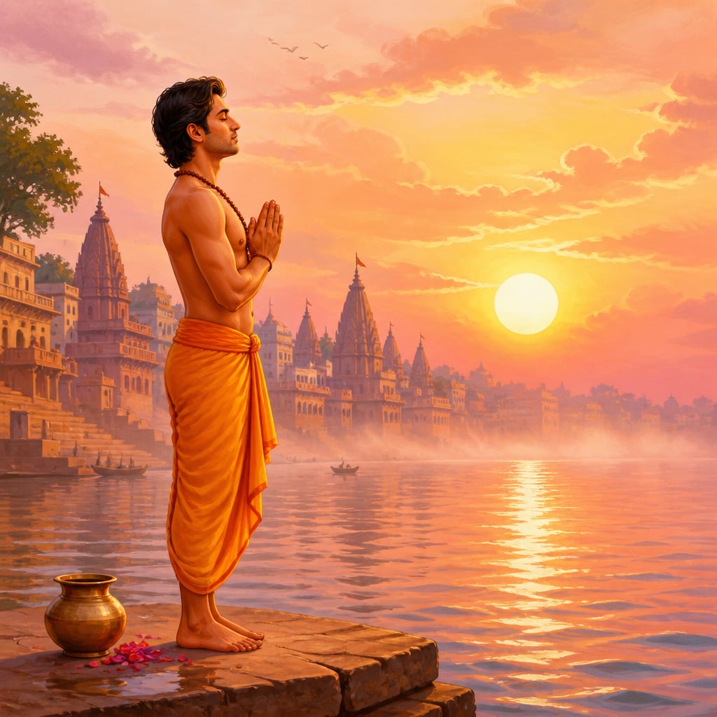 Devotee in pranamasana on the eastern bank of the Ganga at sunrise