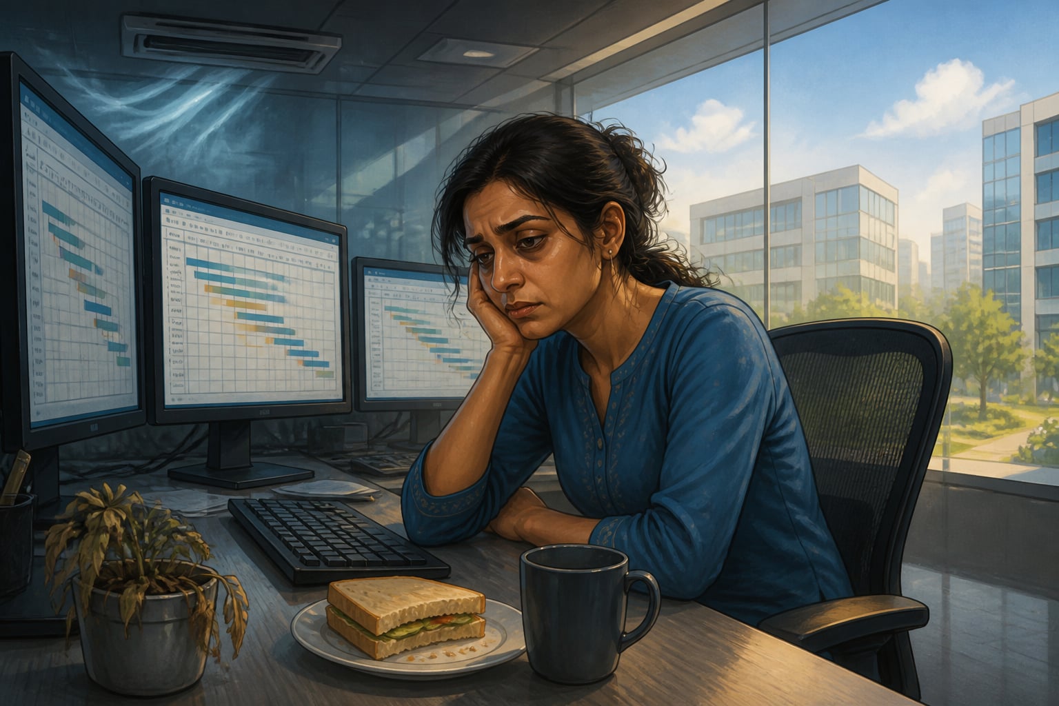 Ananya Rao tired at her Bengaluru office desk