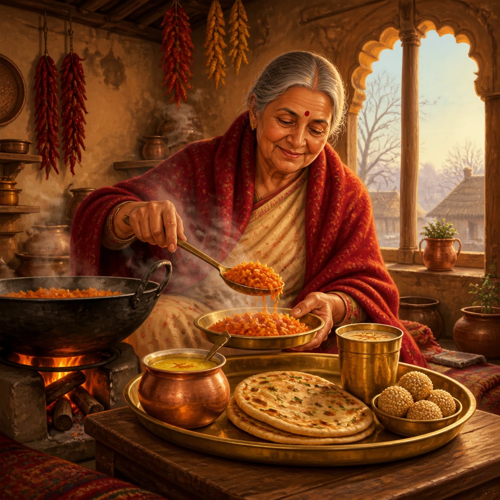 Indian grandmother ladling winter halwa in a warm village kitchen