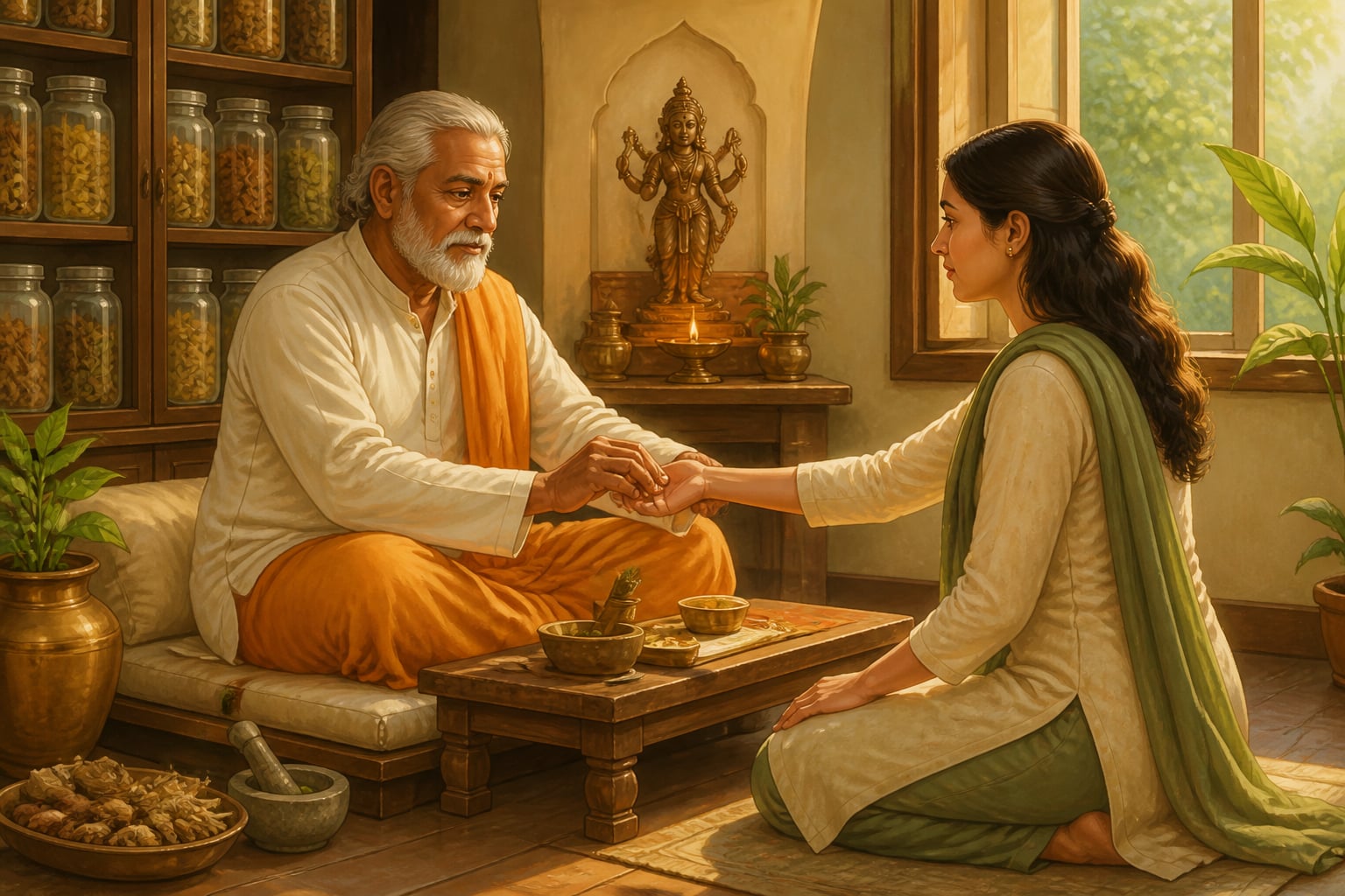 Ayurvedic vaidya reading Ananya's pulse at clinic