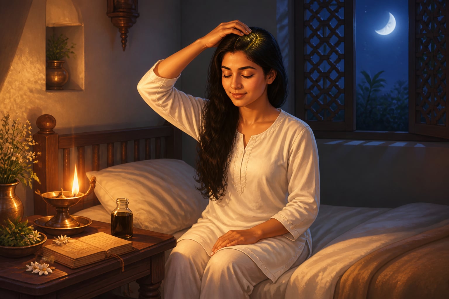 Woman applying brahmi oil to crown of head at bedtime