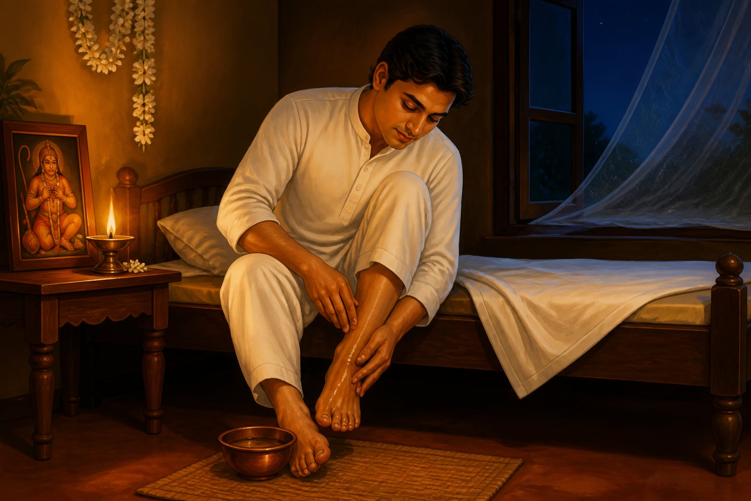 Man performing pre-sleep foot massage with sesame oil