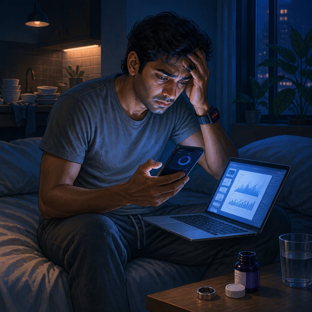Founder Rohan hunched on his bed at 11 PM lit by three blue screens