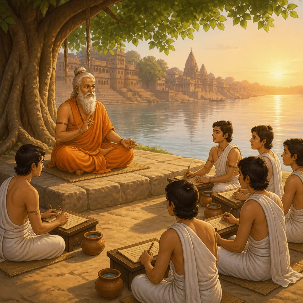 Sushruta dictating the definition of svastha to students by the Varuna