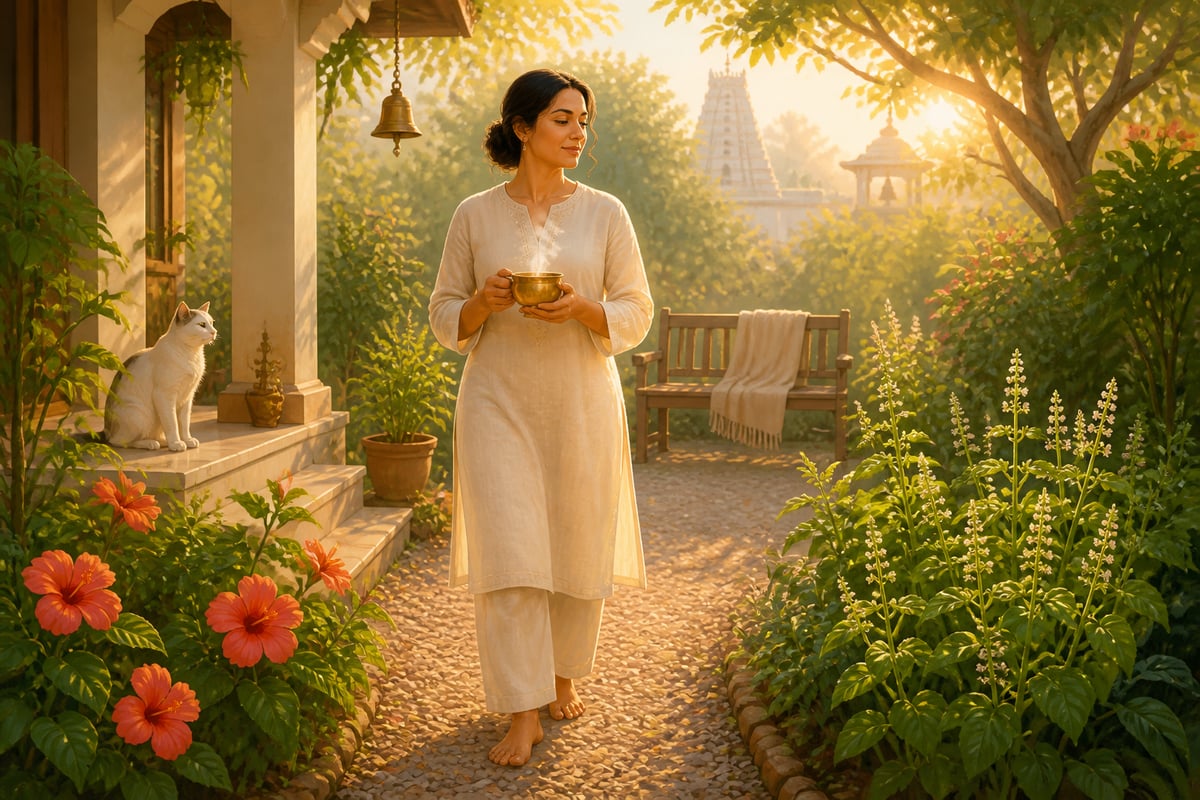 Woman walking peacefully in dawn garden in svastha state