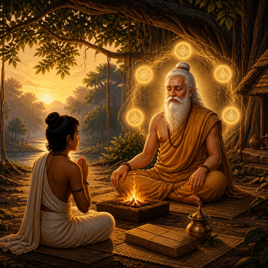 Sage Pippalada teaching disciples about prana at his forest hermitage