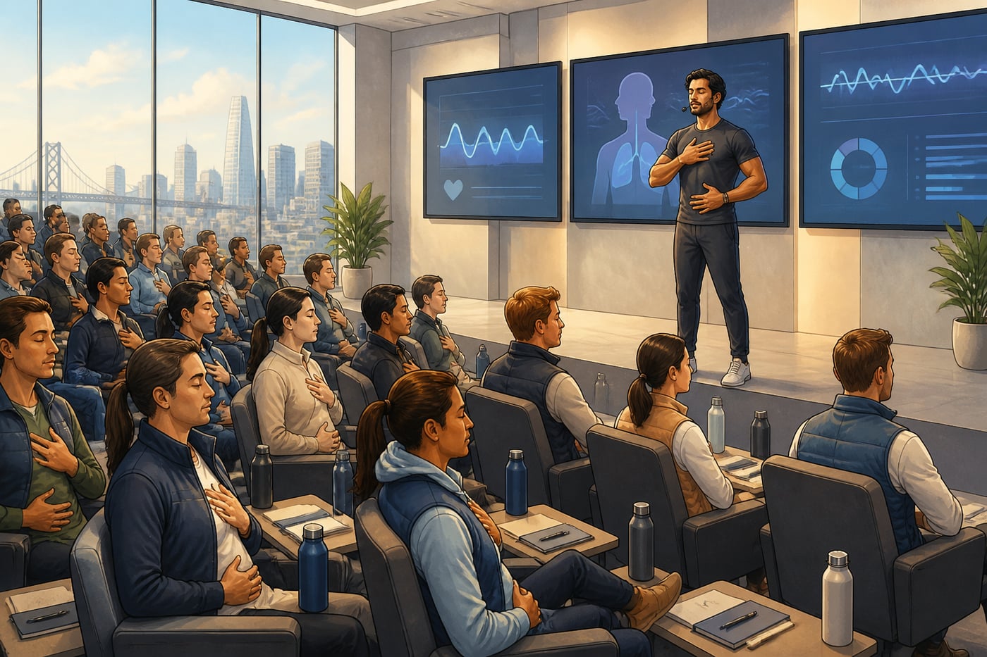 Tech executives learning breathwork at a San Francisco biohacking conference