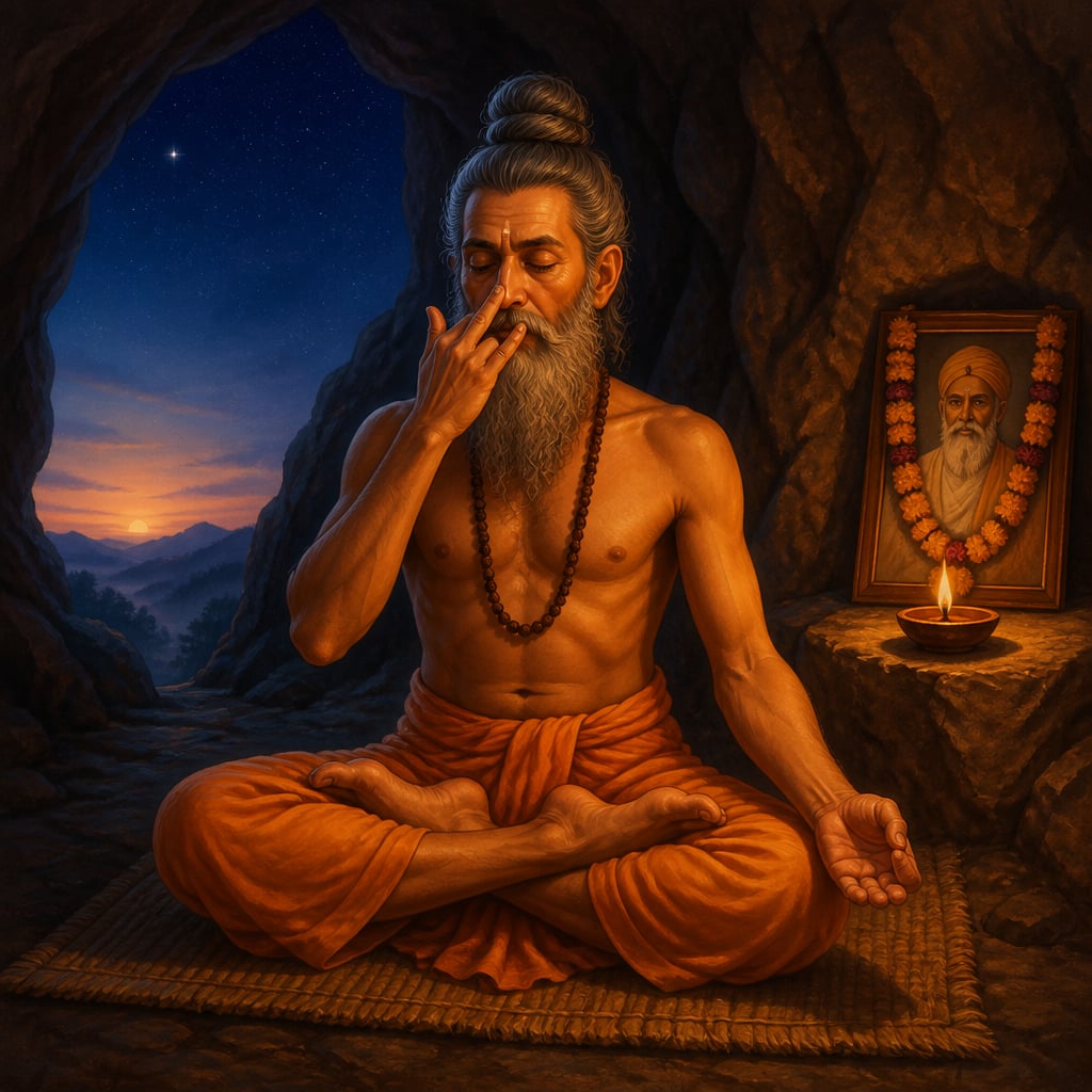 Yogis at a classical ashram practicing nadi shodhana alternate-nostril breathing