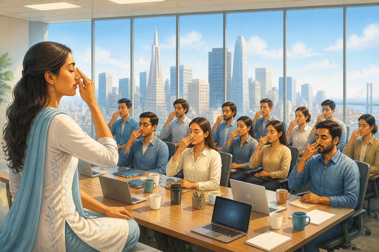 A corporate wellness session in a Fortune 500 conference room learning alternate-nostril breathing