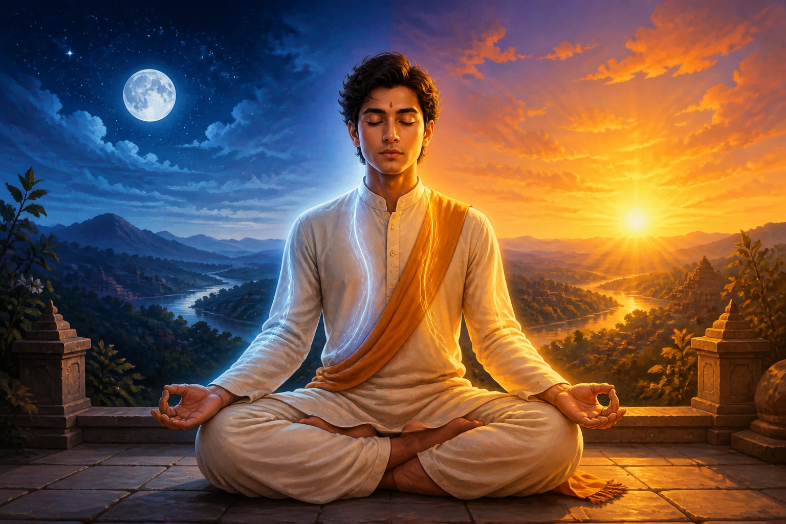 A meditator at dawn with the solar piṅgalā and lunar iḍā channels glowing on either side