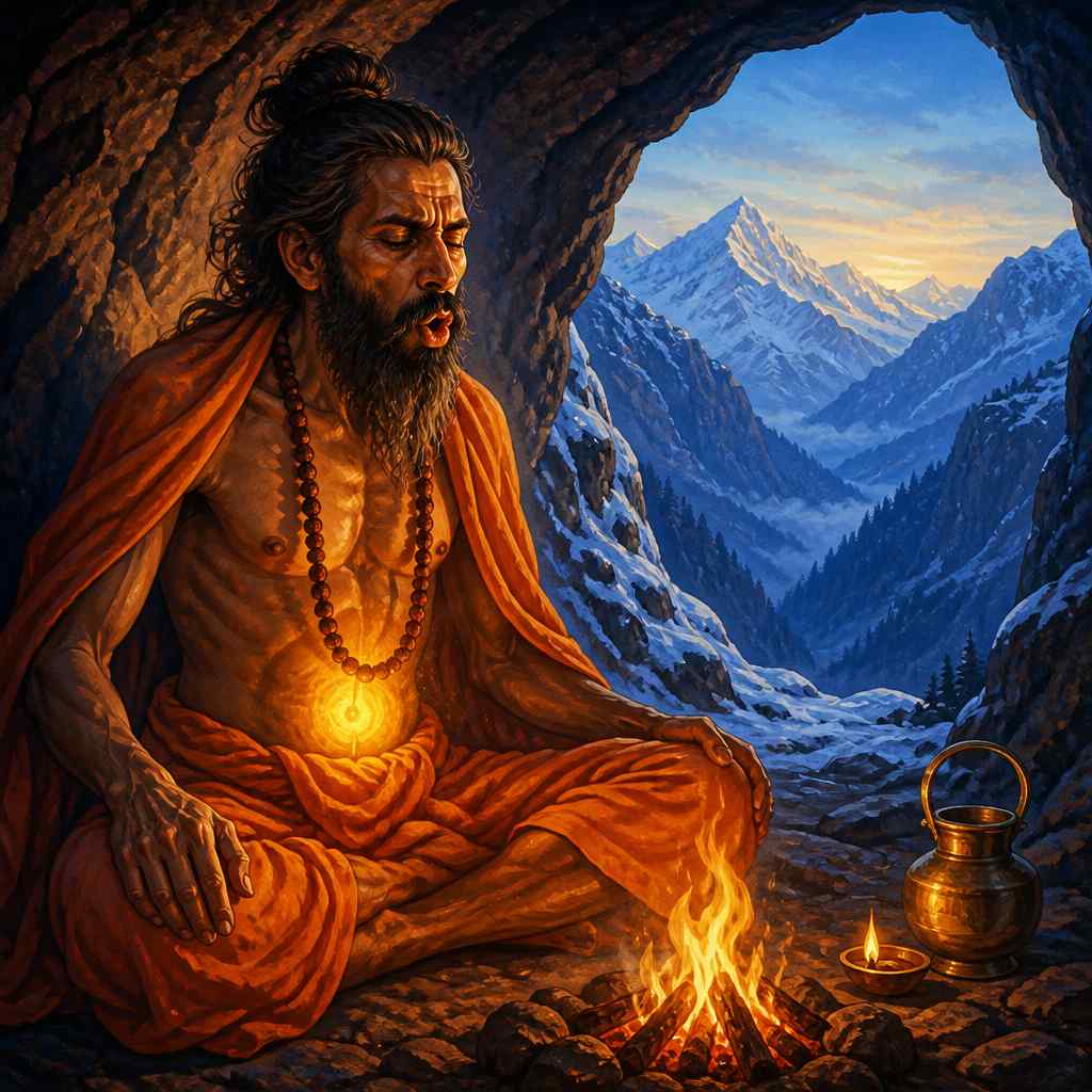 A yogi practicing bhastrika in a cave beside a small fire