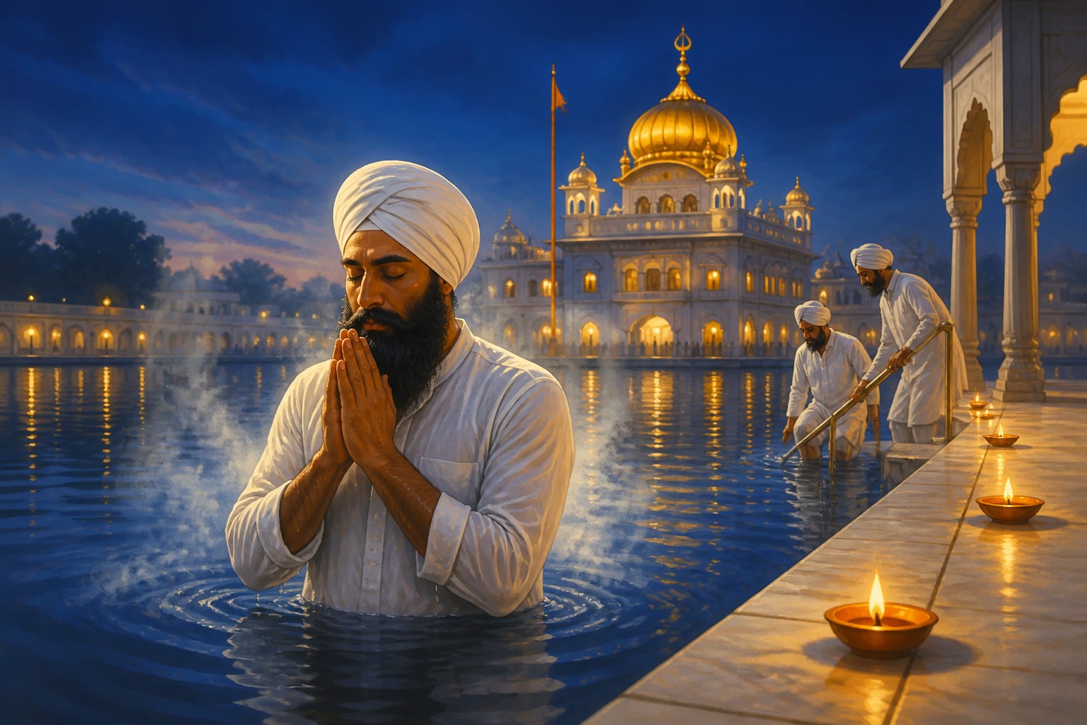 A Sikh devotee performing Iśnān in cold water at a gurdwara before dawn